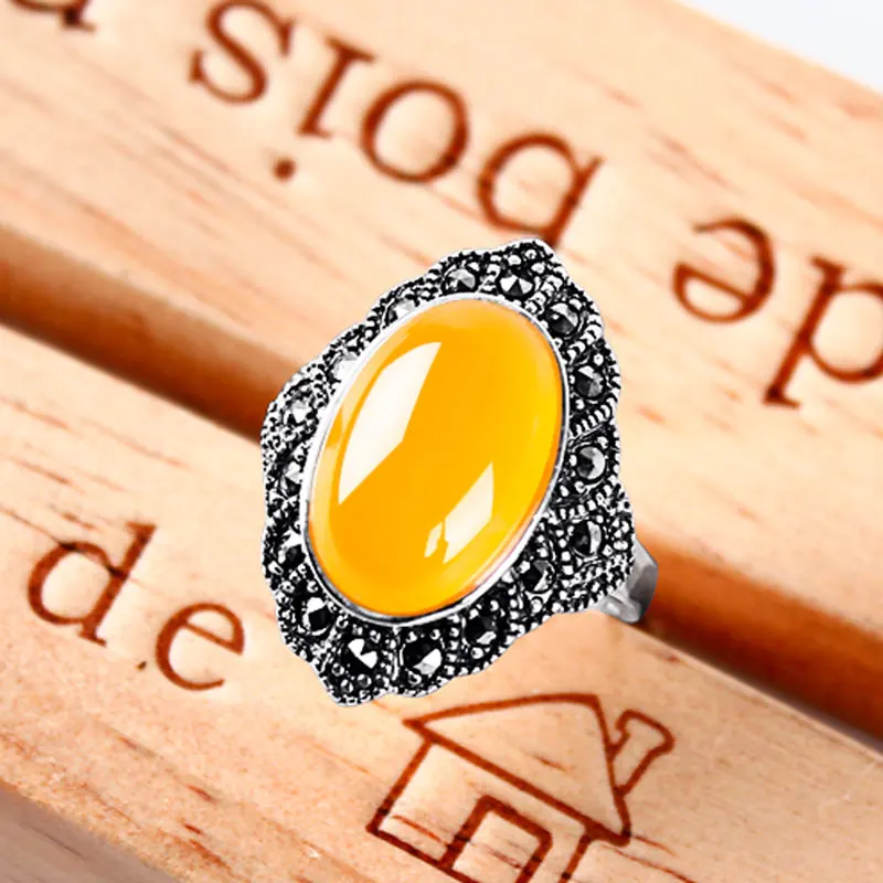 Yellow JIASHUNTAI винтажное 925 пробы серебряное красное Гранатовое кольцо для женщин Ретро Большой овальный панк стиль R бижутерия ручной работы индийские ювелирные изделия - Цвет камня: Yellow