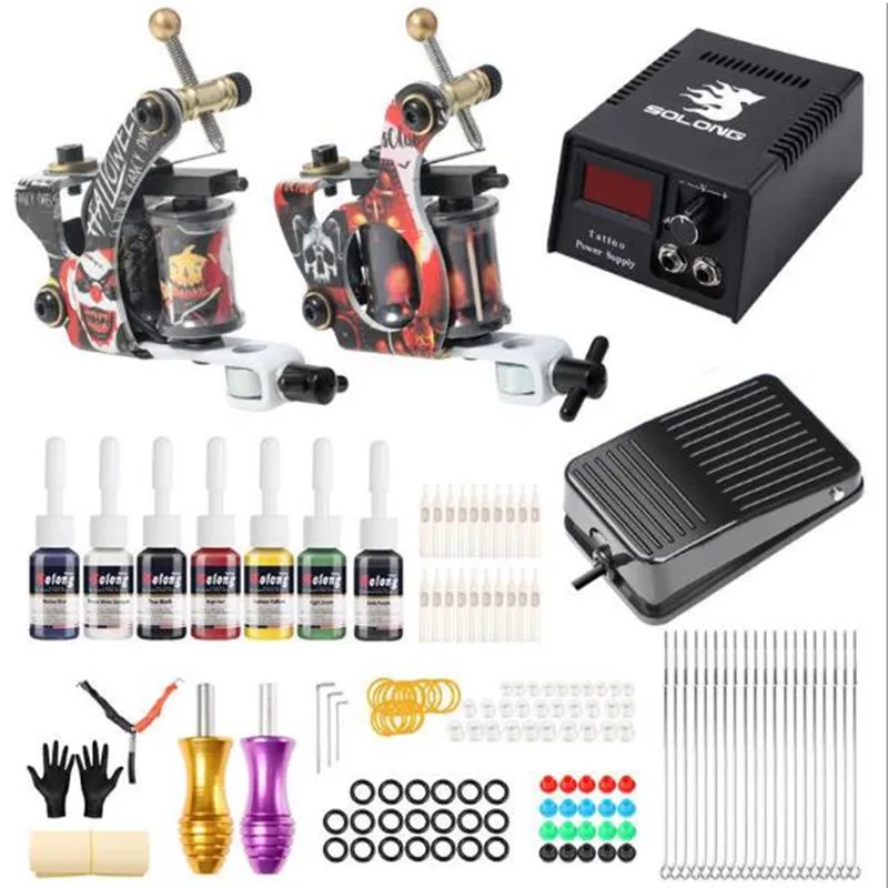 

Complete Professional Tattoo Machine Kit Sets 2 Machines liner shader machine28 Color Inks Power Supply Needles Grip Tip Set