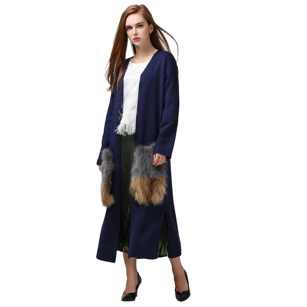 Осень Съемный натуральный мех Карманы длинный кардиган плащ Женщины Верблюд