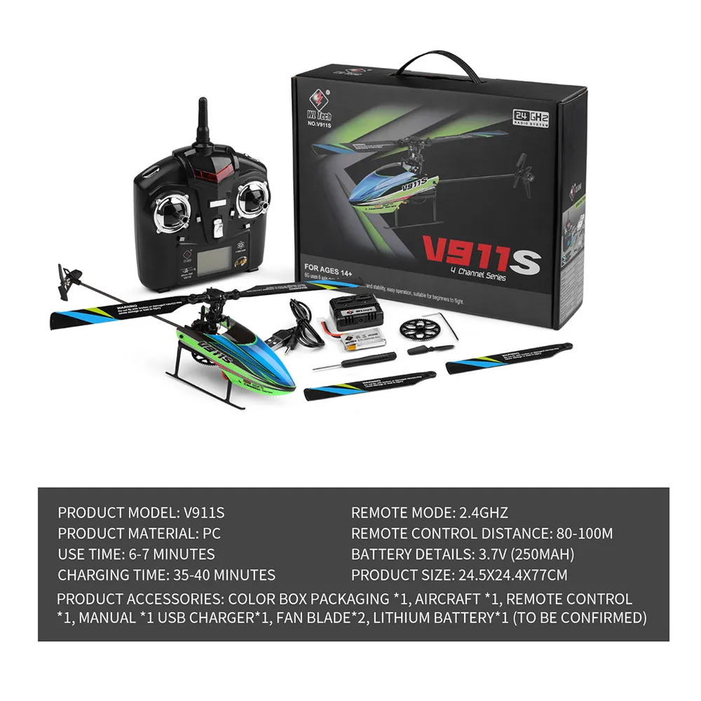 V911S 2,4G 4CH 6-Aixs Gyro Flybarless RC вертолет RTF-Mode 2