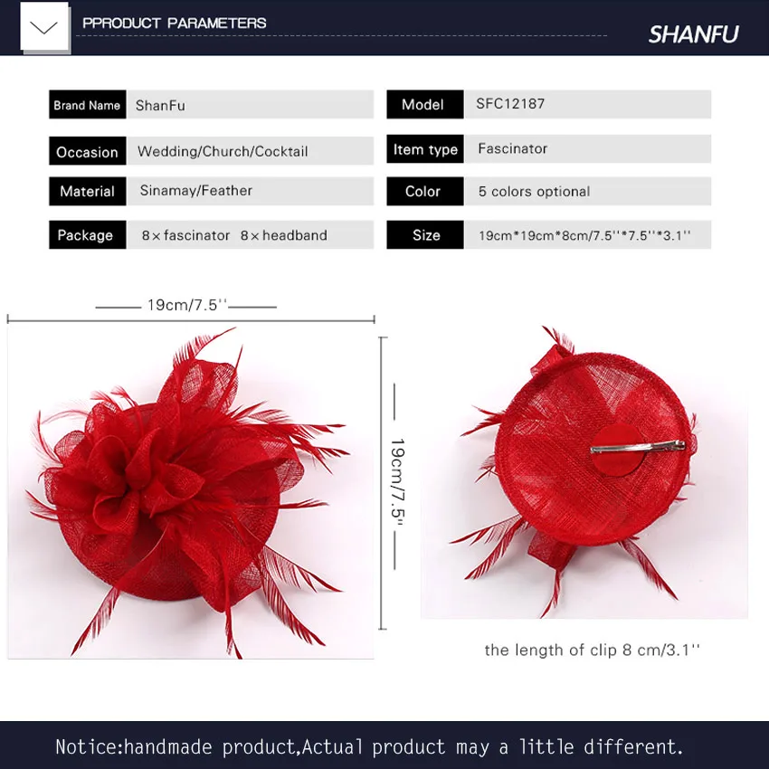 Женские маленькие головные уборы-фасцинаторы ShanFu из синамая с перьями и цветочными украшениями для церковных мероприятий SFCS12187, 6 штук в наборе.