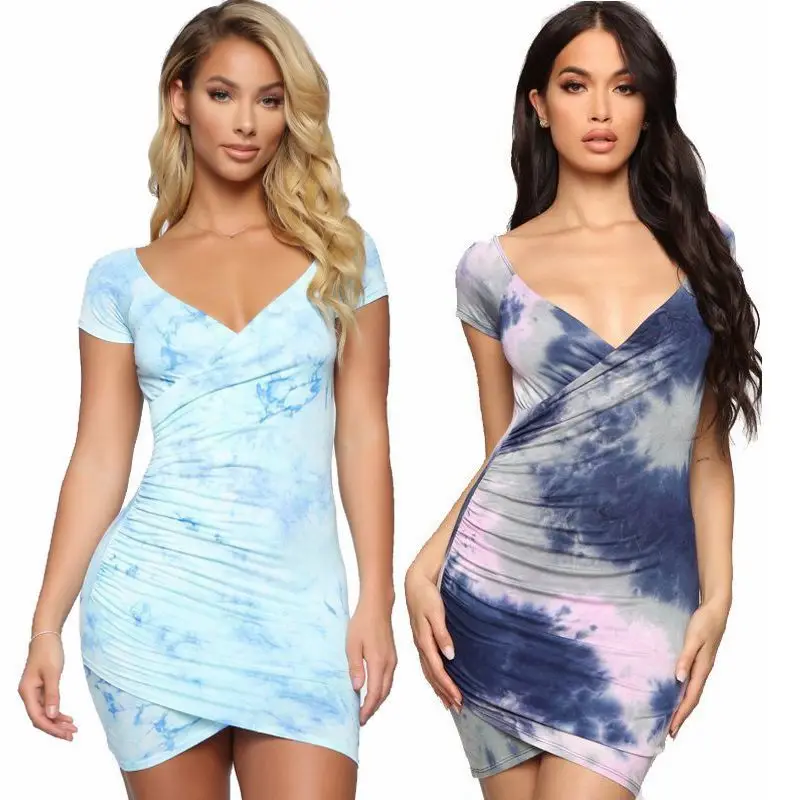 Модное женское летнее платье с принтом короткий рукав v образный вырез