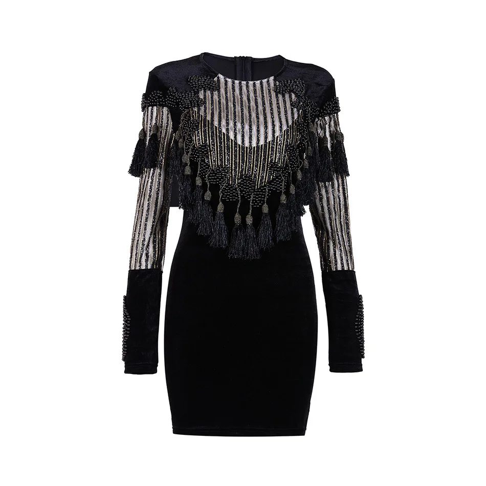 Лоскутное Бандажное платье карандаш с бусинами и кисточками сексуальное женское