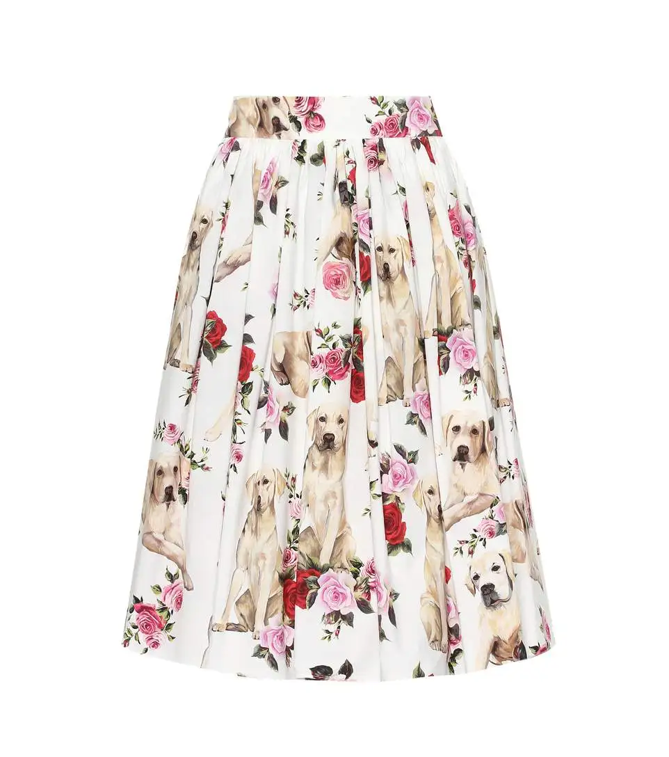 

Customized 2018 New Arrival Dog Rose Flower Printed Pleated Knee-Length Skirt Plus Size Imitation Silk Skirts Saia Femininas