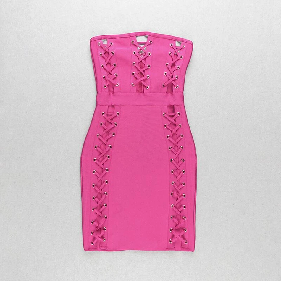 

Newest Women Rose Red Strapless Hollow Out Lace Up Solid Bodyocn Bandage Dress 2019 New Elegant Backless Mini Club Wholesale