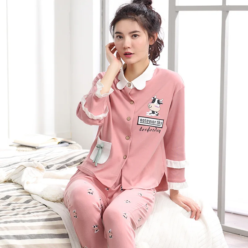 Женский хлопковый кардиган с отложным воротником брюки длинным рукавом пижама в