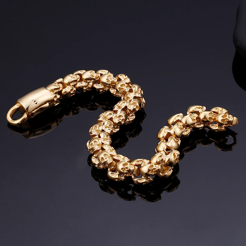 Полная цепочка браслета с черепом для мужчин готические мужские браслеты и браслеты панк-рок золотой покрытие нержавеющей стали байкерская ювелирка.