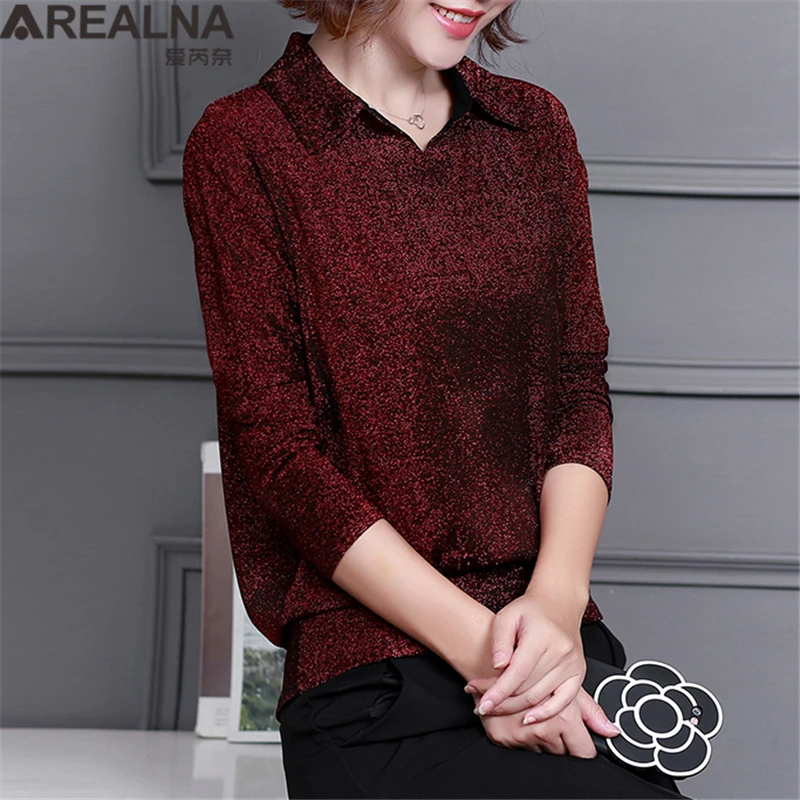 Blusas Mujer De Moda, корейский стиль, блестящий люрекс, Женские топы и блузки размера плюс, длинный рукав, блуза с блестками, уличная одежда, рубашки - Цвет: Красный