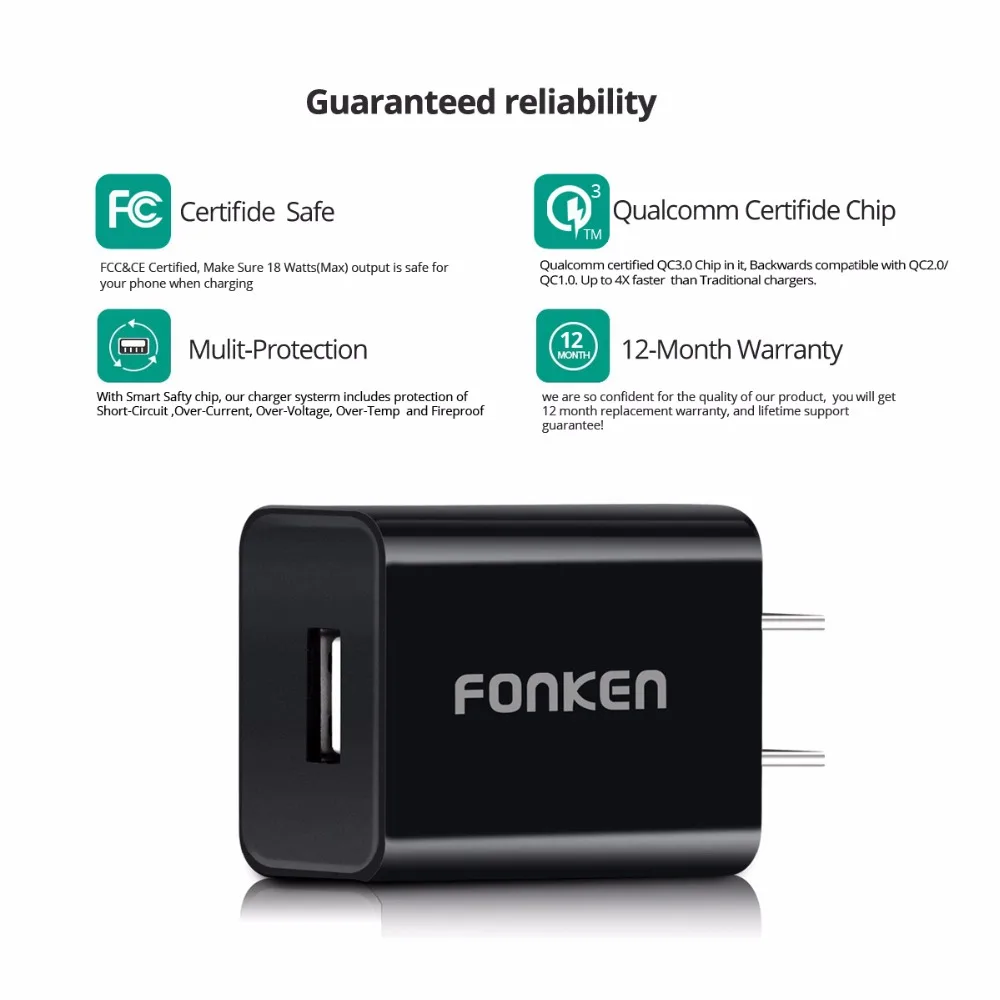 Зарядное устройство FONKEN QC3.0 с USB портом 18 Вт|fast charger|charger quickus usb charger |