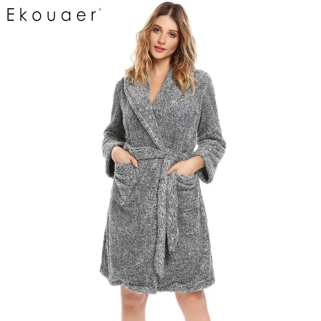 Ekouaer/Зимний женский плюшевый банный халат кимоно с длинным рукавом шаль воротник