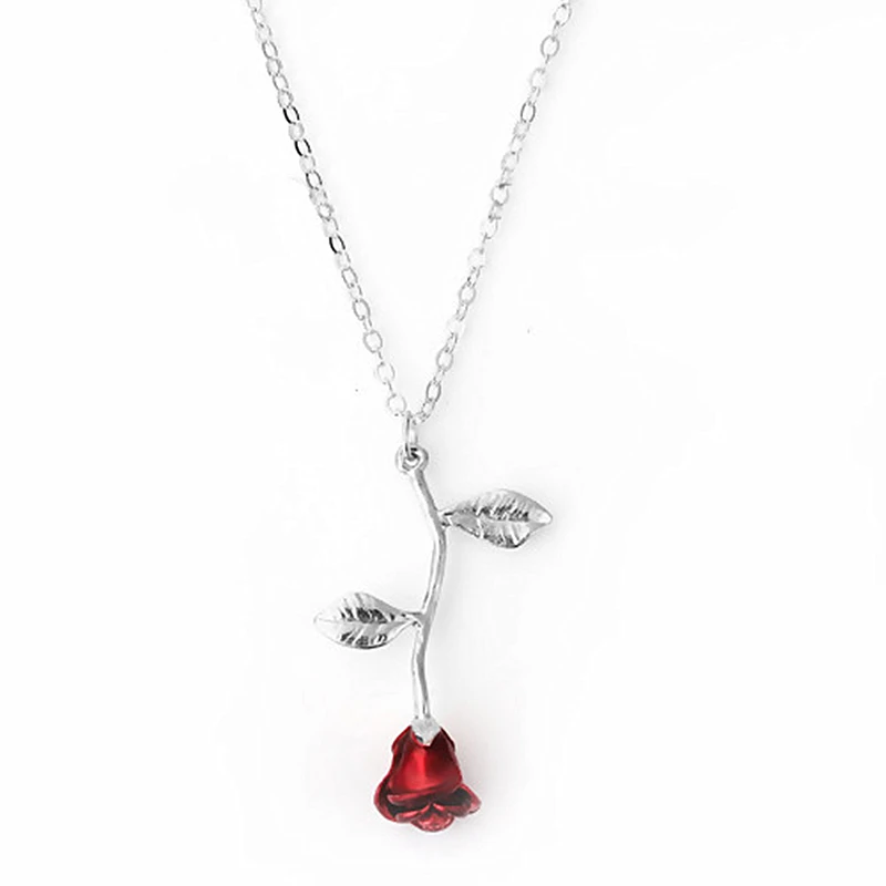 Silver Color DoreenBeads модный эмалевый кулон для женщин, девушек, розовое золото, красный цветок розы, кулон 50 см(19 5/")-45 см(17 6/8"), длинный 1 шт - Metal Color: Silver Color