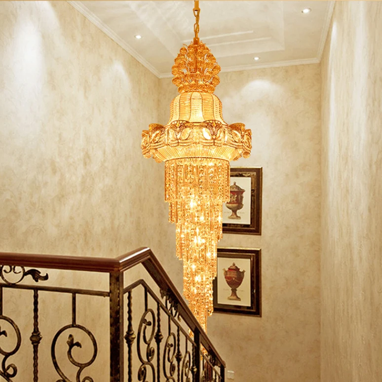 Goedkoop Lange Gouden Kroonluchters Lights Armatuur Golden Crystal Droplights Huis Binnenverlichting Hotel Club Opknoping Lichten AC90V-260V