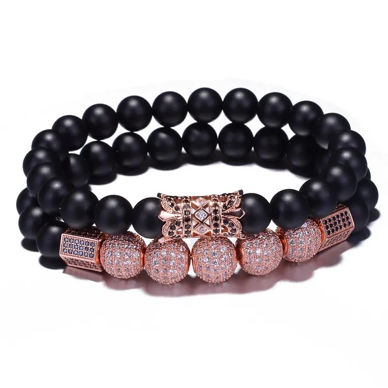 Rose Gold 2 шт./компл. мужские женские бусы браслет бусины из натурального материала браслет Будды инкрустация Циркон двойной слой бисера Pulseras Hombre Рождество - Окраска металла: Rose Gold