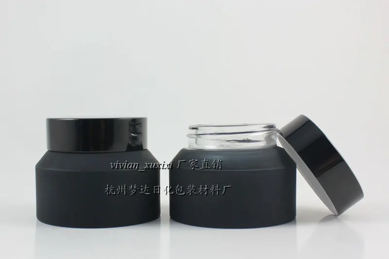 30pcs 50g black frosted glass cream jar with black aluminum lid, 50g cosmetic packaging for mask or eye cream , 50g glass bottle