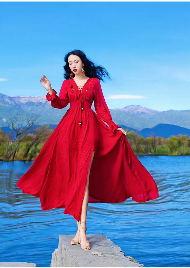 Tang 2019 горячая Распродажа длинное красное платье Глубокий v-образный вырез