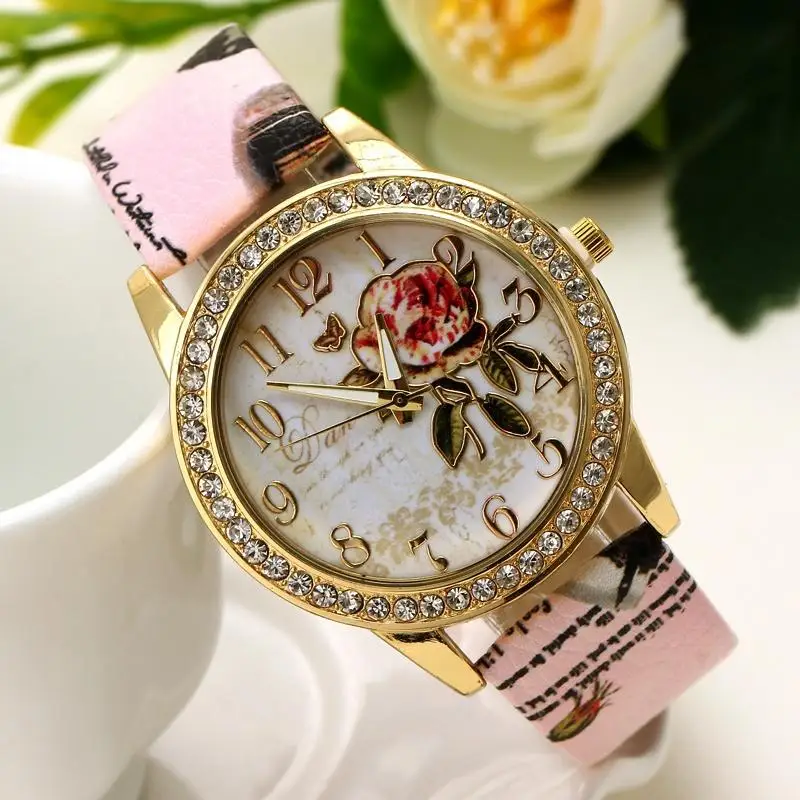 Reloj mujer женские часы с цветочным узором из роз циферблат наручные кожаным