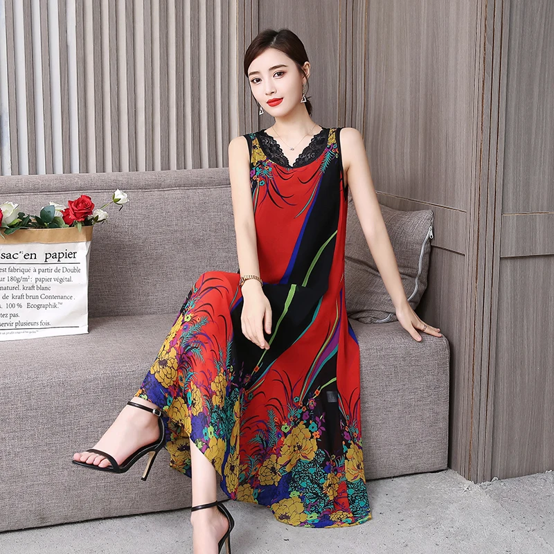 Комплект из 2 предметов элегантное шифоновое кружевное женское платье с принтом