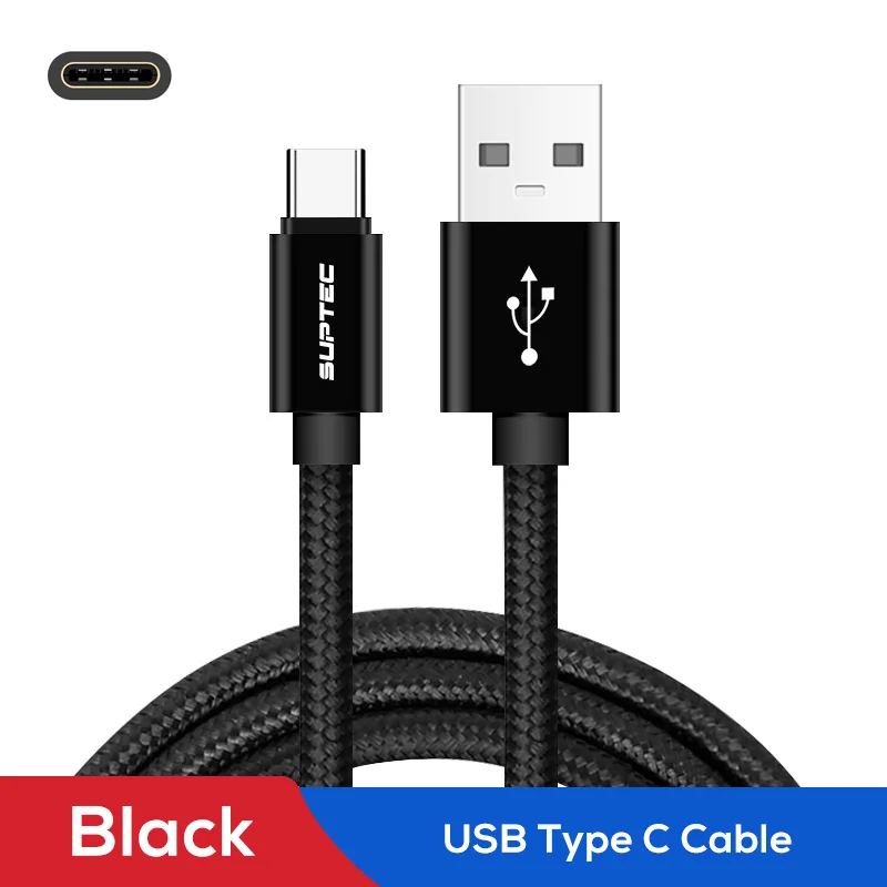 SUPTEC usb type-C кабель для Xiao mi Red mi Note 7 mi 9 провод для быстрого заряда type-C кабель зарядного устройства для samsung S10 S9 huawei P30 - Цвет: Black