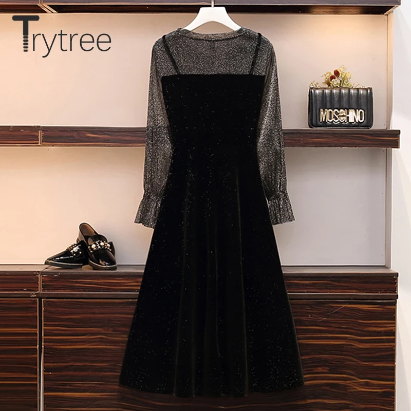 Женское платье с круглым вырезом Trytree повседневное блестящее бархатное вечернее