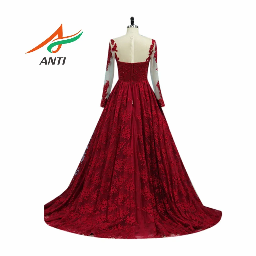 Анти бордовое кружевное вечернее платье с длинным рукавом vestido de festa бусины А-силуэта платье с аппликацией de Soiree Формальное вечернее Вечерние