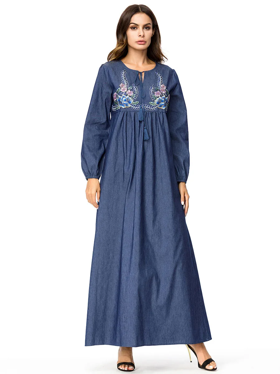 Мусульманское платье abaya для женщин большие размеры Цветочная вышивка Осень зима