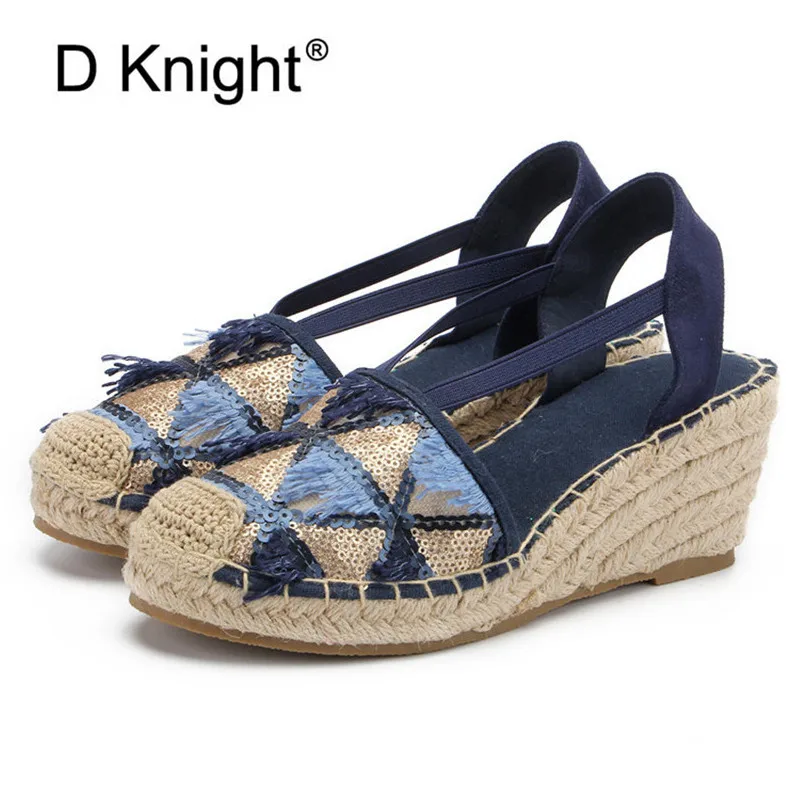 Босоножки женские из льна на платформе с ремешком щиколотке среднем каблуке