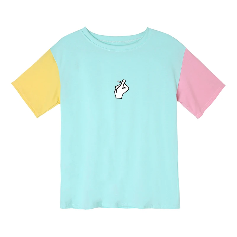 Summer Women's T Shirts Kpop Cotton Funny Harajuku Mutlicolor Spliced Love Guesture Printed Clothes Tee Shirt Femme Vintage Tops | Женская