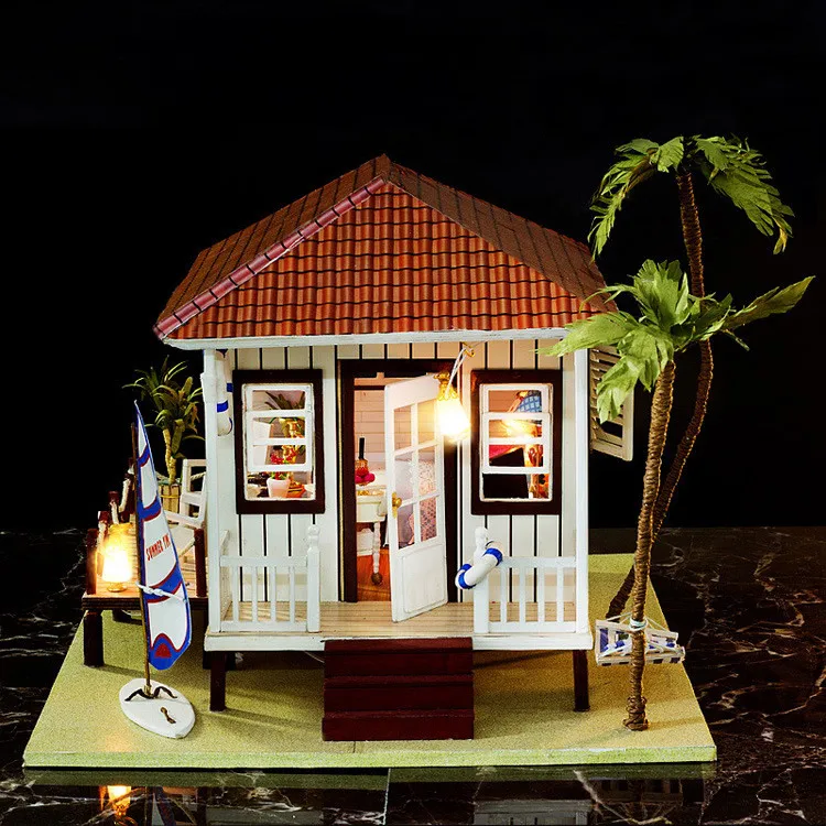 DIY деревянная кукла дом праздник домик на пляже модель кукольный мебель свет