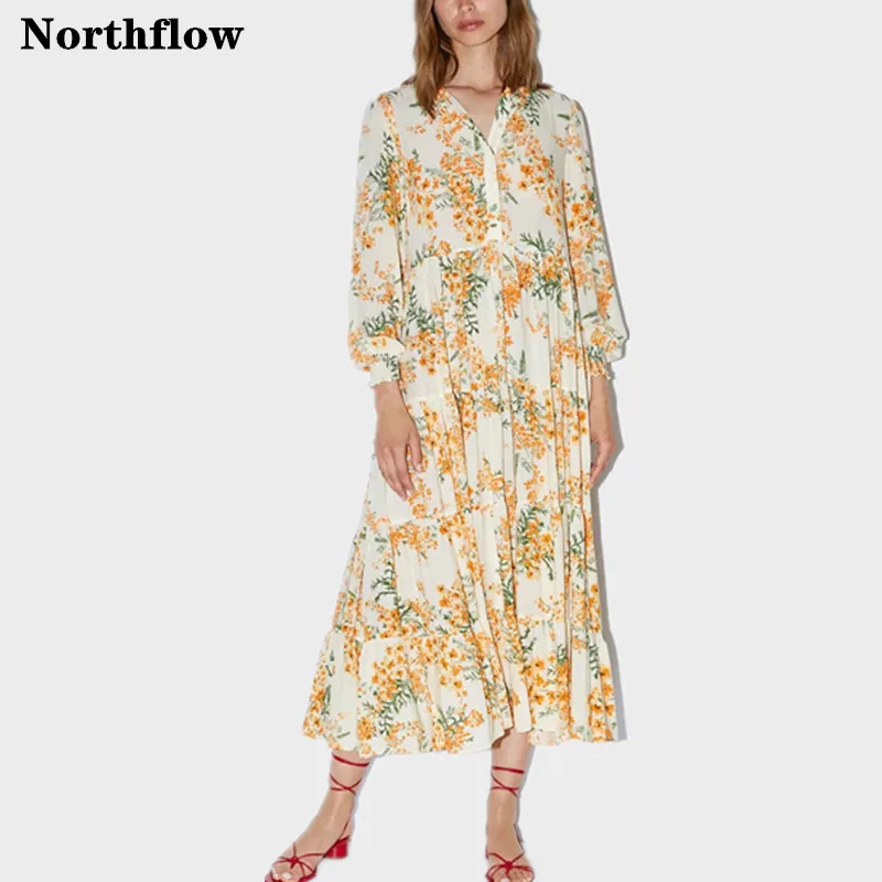 Northflow/2019 летнее женское платье vestidos с цветочным принтом до середины икры в