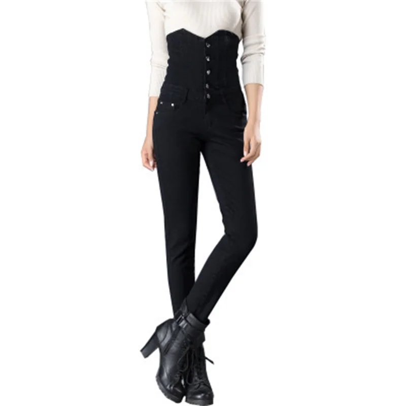 

Spring and autumn new high waist postpartum abdomen jeans women's feet stretch pants large size was thin elastic waist TB948