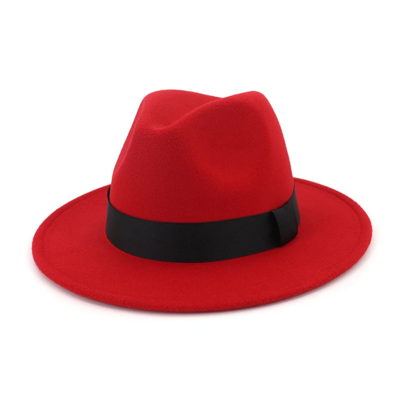 QIUBOSS для мужчин женщин плоские поля Джаз Шерсть фетр Fedora шапки черная лента украшения просто унисекс Панама шляпа игрока Trilby QB54 - Цвет: Красный