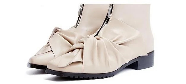 

Fashion Beige Upper Zipper Square Toe Ankle Booties Spring Autumn Women Elegant Butterfly-Knot Decoration Low Square Heel Shoes