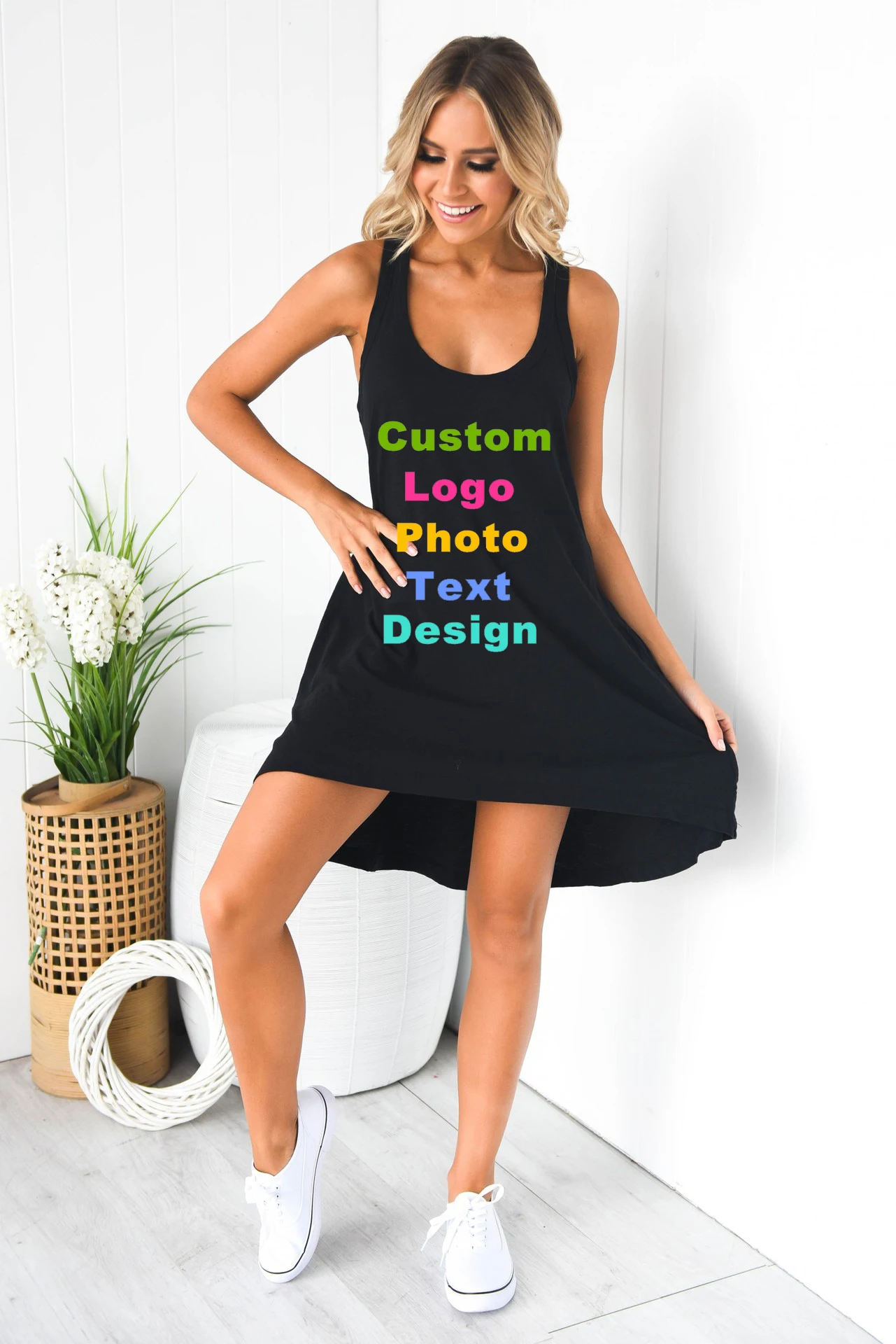 Хит сезона весна-лето 2019 Женские однотонные платья без рукавов с u-образным