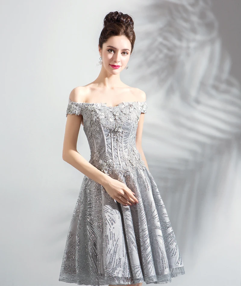 SSYFashion Новые короткие коктейльные платья Банкетный сладкий серый кружевной