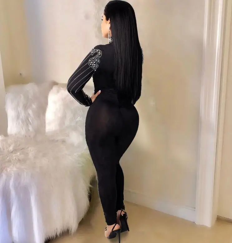 Комбинезон женский сетчатый с длинным рукавом и высоким воротником черный/белый