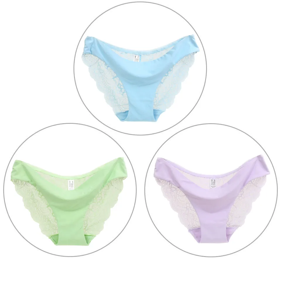 Skyblue green Violet 3 шт./лот, сексуальные кружевные женские трусы, бесшовное однотонное нижнее белье, женские трусики, горячая Распродажа, прозрачные S-XXL размера плюс, нижнее белье, хлопковое женское белье - Цвет: Skyblue green Violet
