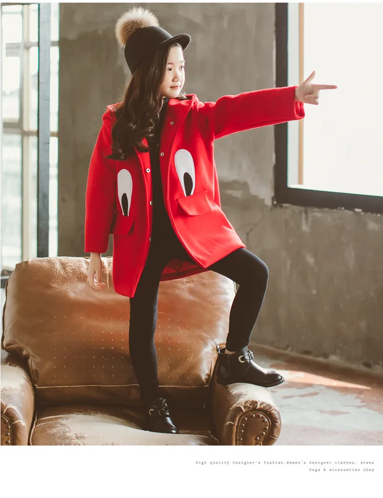 Girls Woolen Coat Long Winter Jackets For Girls Eye pattern Thick Kids Outerwear Autumn Teenage Girls Christmas Clothes 4-14 Y