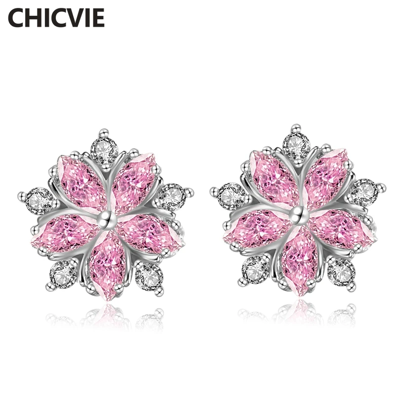 

CHICVIE 2019 Trending Pink Flower Stud Earrings Crystal For Women Earring Wedding Jewelry Statement Geometric Earrings SER190107