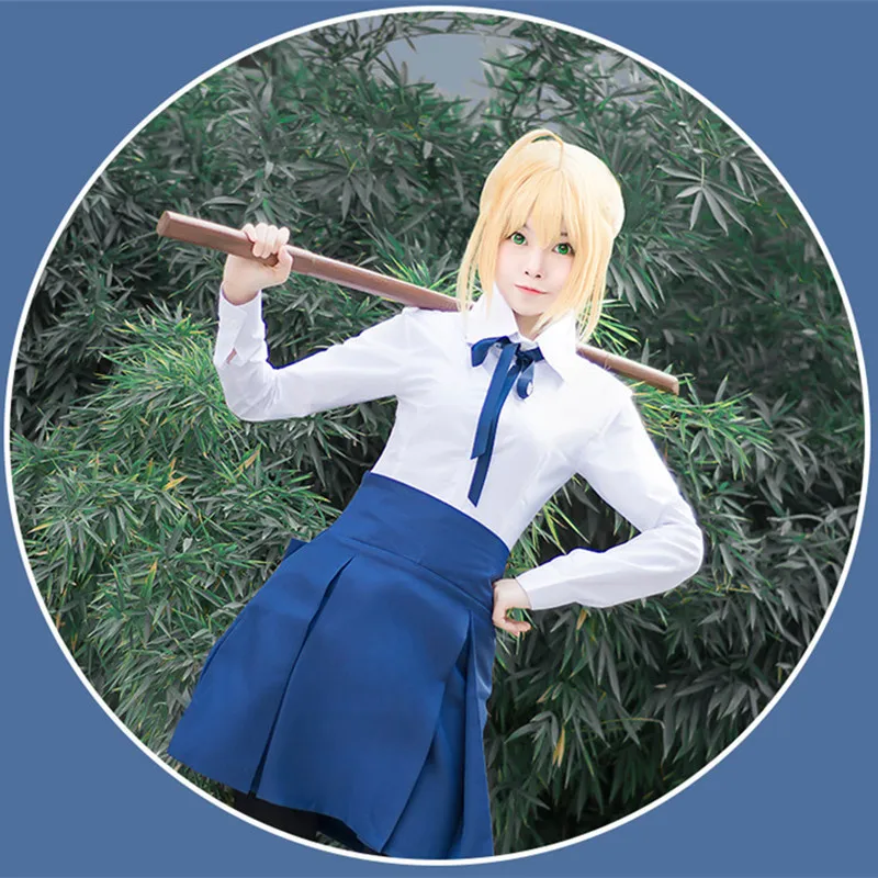 

Новый костюм для косплея аниме Fate/Stay Night Saber, белая и Синяя Униформа, юбка, карнавальные костюмы, костюмы на Хэллоуин для женщин и парик