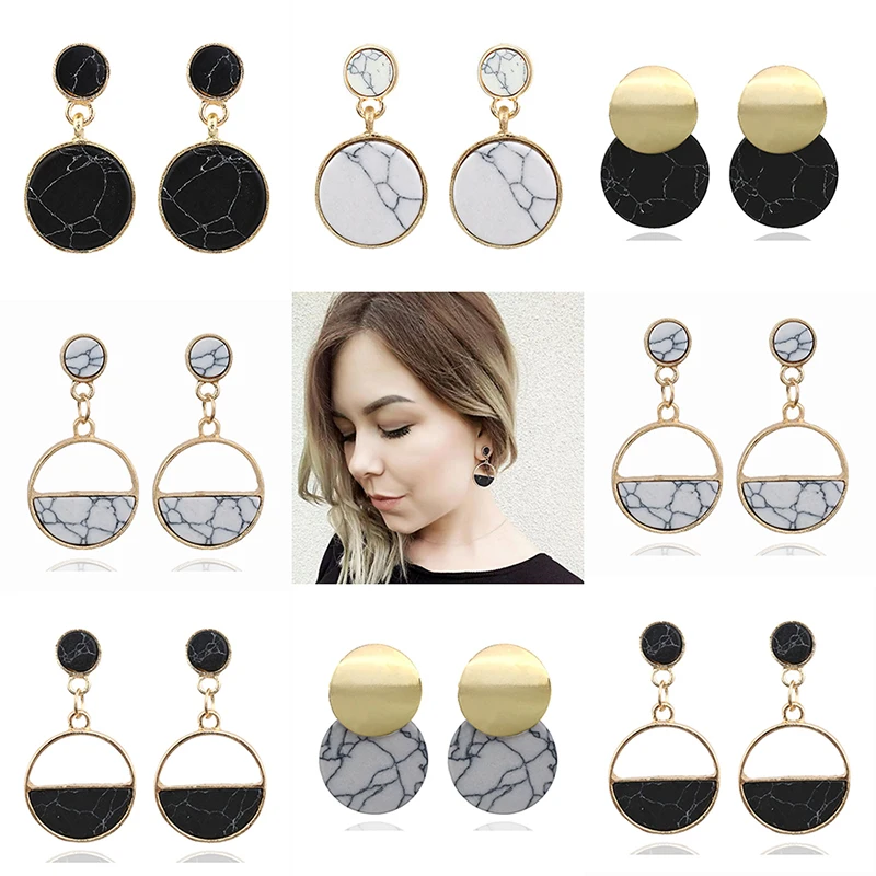 Hot New Women Earrings Stone Vintage Natural Marble Joker Stud Earring Classic Geometric Circular Fashion Popular 2E651 | Украшения и