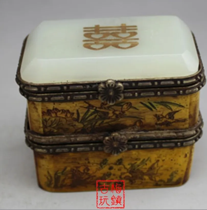 

Republic of China vintage style jewelry box, bone carving white jade stone box free shipping