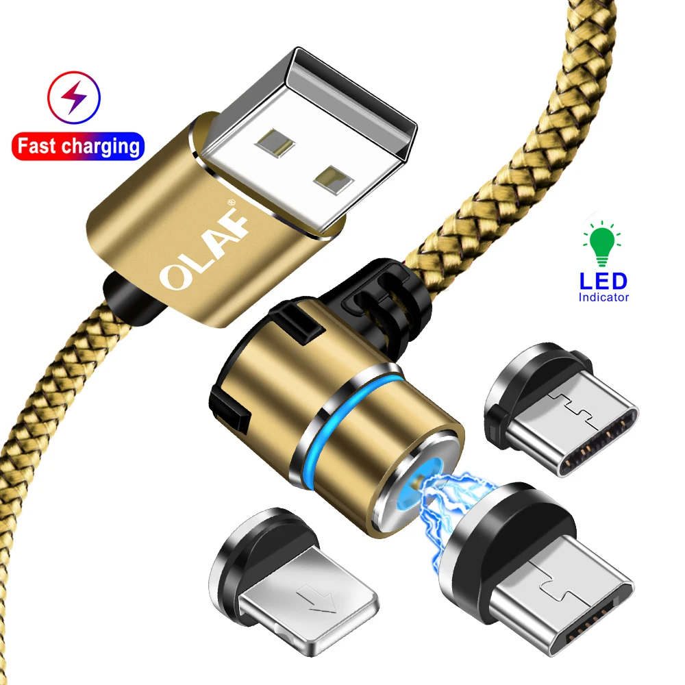 OLAF светодиодный магнитный кабель USB 90 градусов для iPhone XS samsung S9 Xiaomi huawei Быстрая зарядка Магнитный Micro usb type c кабель usbc
