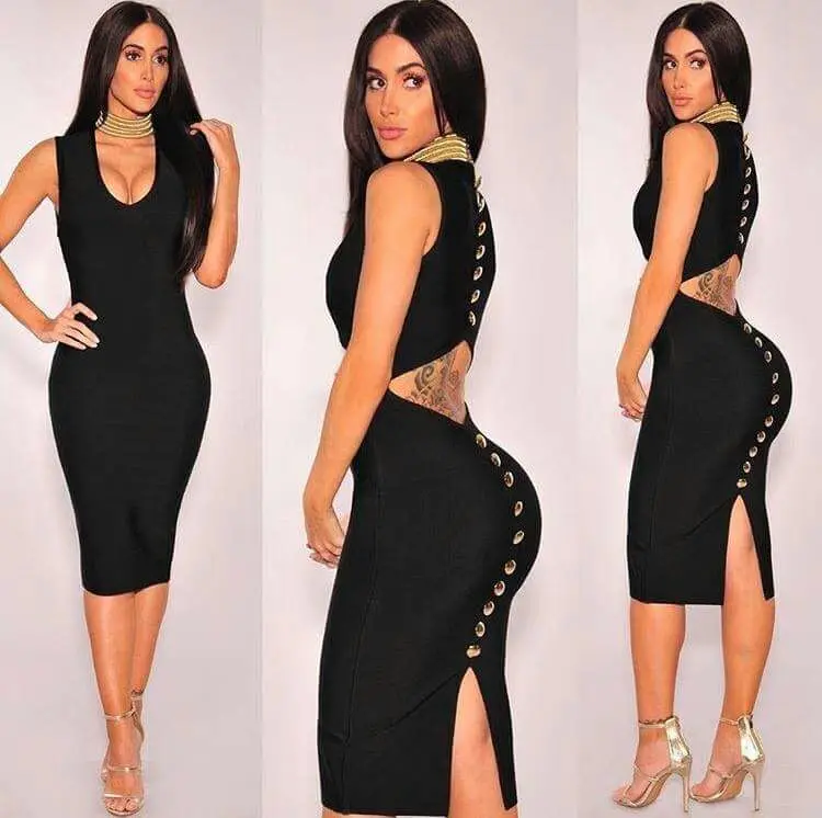 

Top Quality Celebrity Black Sleeveless Back Bottons Bodycon Rayon Bandage Dress Cute Evening Party Dress