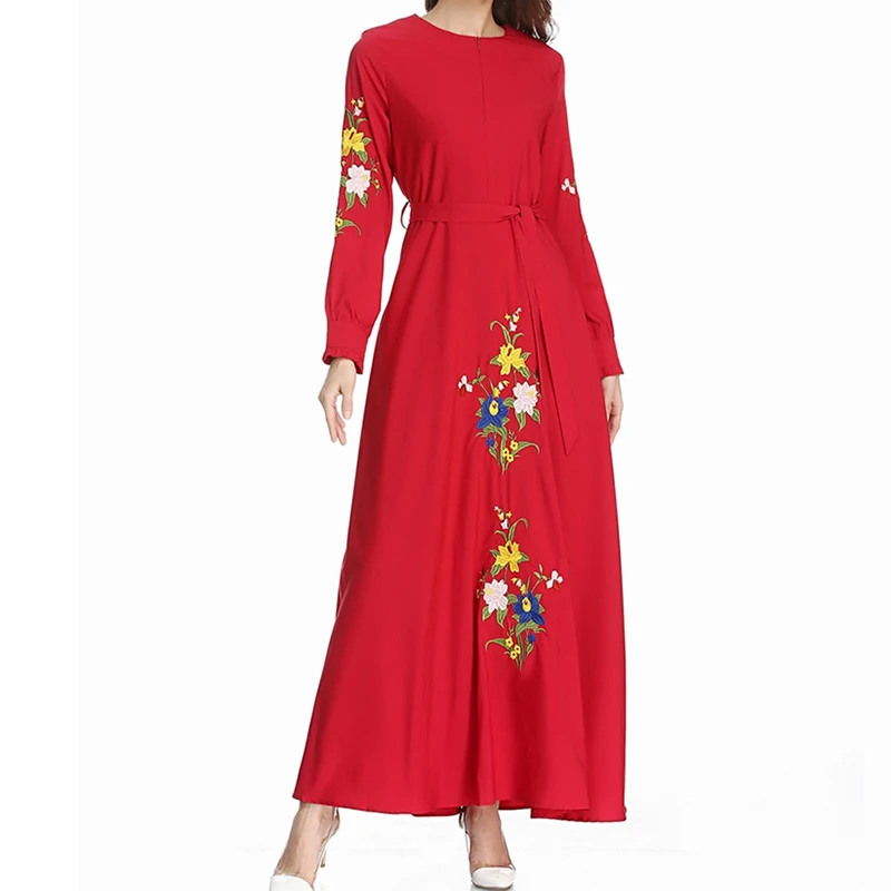 Цветочная вышивка ислам платье 2018 благородное с длинным рукавом Женские