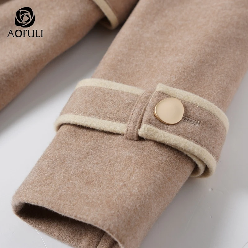 AOFULI модное контрастное женское длинное пальто с поясом отложным воротником