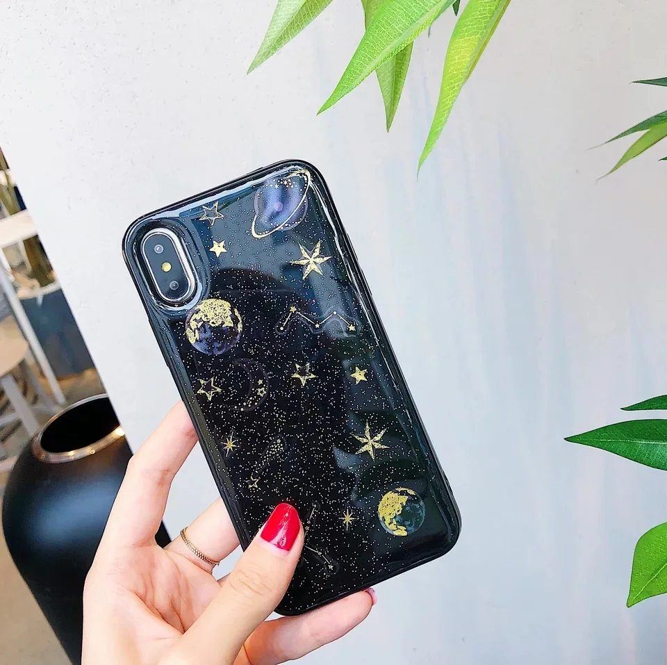 Epoxy Phone Case For iPhone XS XR Max X 5 5S 6 6S 7 8 Plus Planet Star Transparent TPU Back Cover Cases New! |