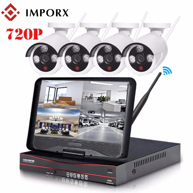 IMPORX 4CH 720P Беспроводной NVR комплект 10 &quotЖК монитор P2P CCTV система 1.0MP Wifi IP камера