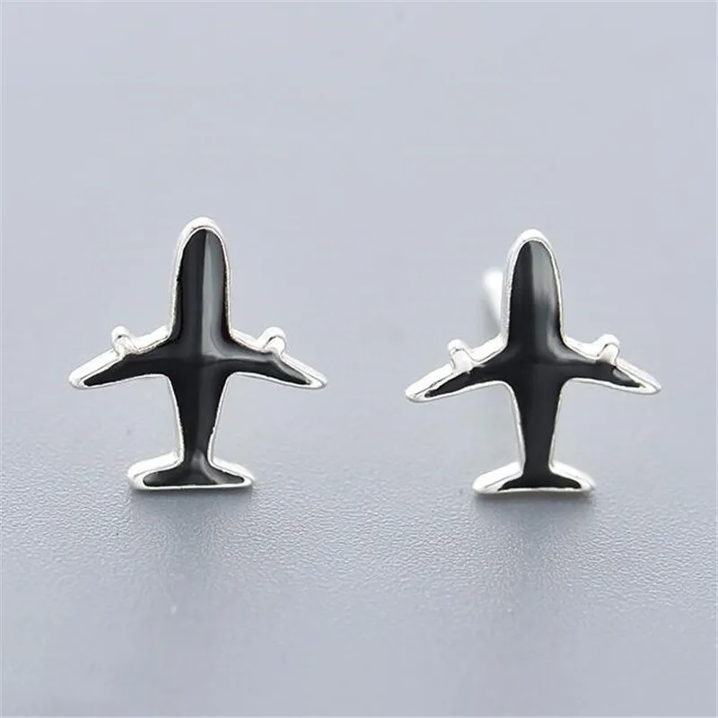 

New Creative Cute Aircraft Fashion 925 Sterling Silver Jewelry Epoxy Black Plane Women Hypoallergenic Gift Stud Earrings E034