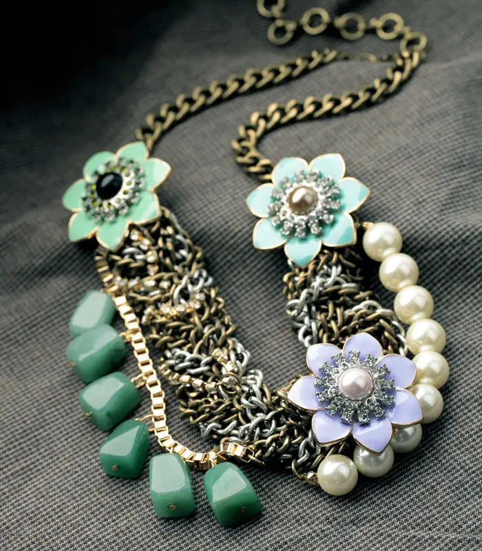 Bulk Price 2014 New Design Exaggerated Women Resin Glass Stone Flower Shiny Gold Color Simulated Pearl Choker Necklace | Украшения и