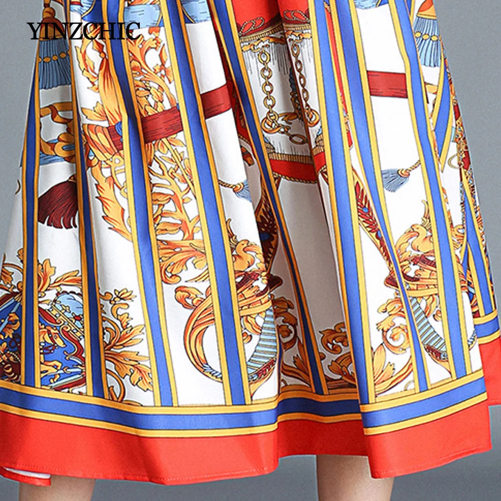 

Fashion Woman Summer Dress Royal Printing Female Midi Dresses Striped A-Line Dress For Female Party Vintage Dresses Cheap Price